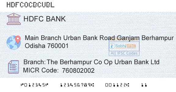 Hdfc Bank The Berhampur Co Op Urban Bank LtdBranch 