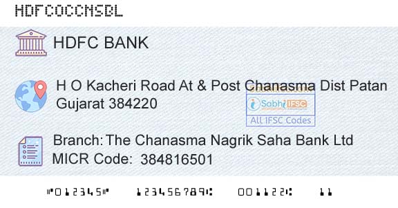 Hdfc Bank The Chanasma Nagrik Saha Bank Ltd Branch 