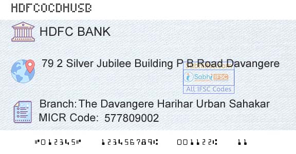 Hdfc Bank The Davangere Harihar Urban SahakarBranch 