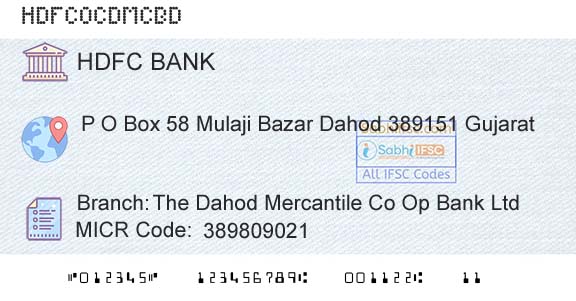 Hdfc Bank The Dahod Mercantile Co Op Bank LtdBranch 