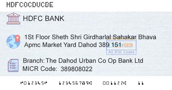 Hdfc Bank The Dahod Urban Co Op Bank LtdBranch 