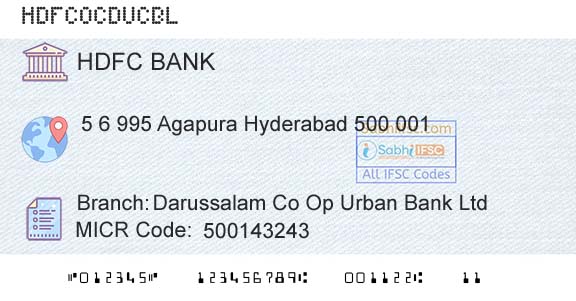 Hdfc Bank Darussalam Co Op Urban Bank LtdBranch 