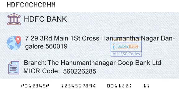 Hdfc Bank The Hanumanthanagar Coop Bank LtdBranch 