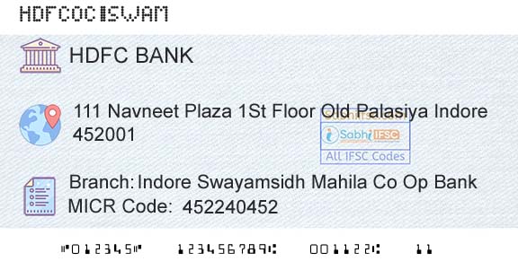 Hdfc Bank Indore Swayamsidh Mahila Co Op BankBranch 