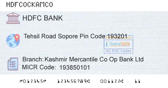 Hdfc Bank Kashmir Mercantile Co Op Bank LtdBranch 