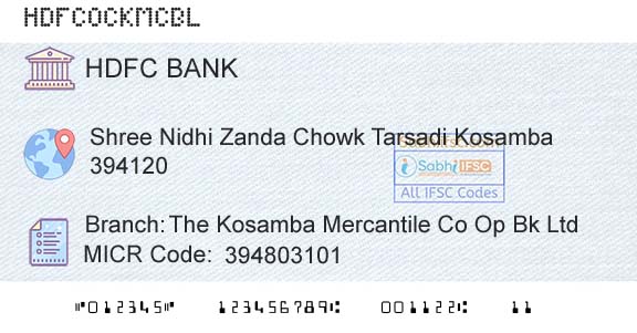 Hdfc Bank The Kosamba Mercantile Co Op Bk LtdBranch 