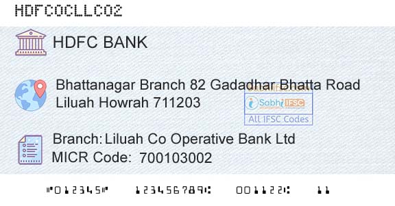 Hdfc Bank Liluah Co Operative Bank LtdBranch 