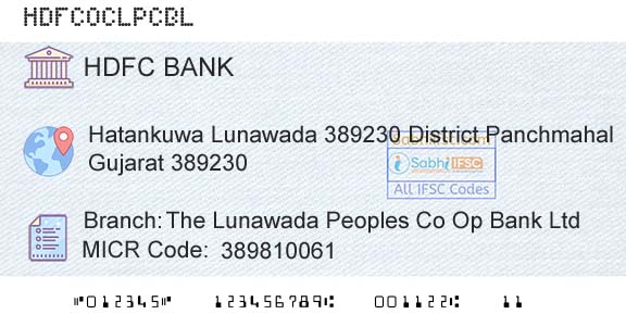 Hdfc Bank The Lunawada Peoples Co Op Bank LtdBranch 