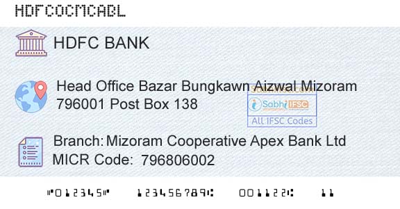 Hdfc Bank Mizoram Cooperative Apex Bank LtdBranch 