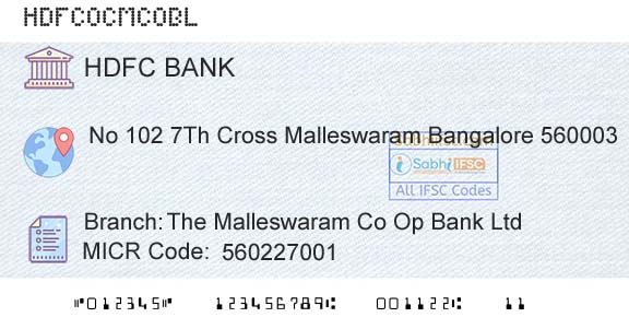 Hdfc Bank The Malleswaram Co Op Bank LtdBranch 