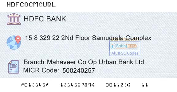 Hdfc Bank Mahaveer Co Op Urban Bank LtdBranch 