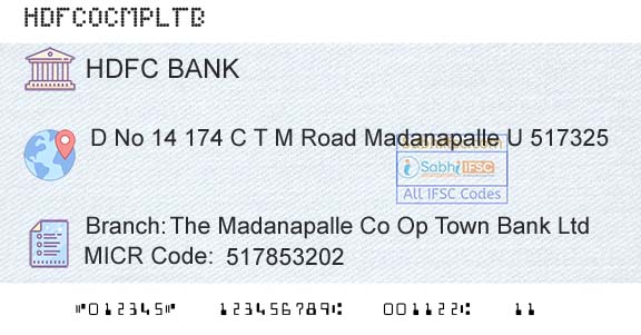 Hdfc Bank The Madanapalle Co Op Town Bank LtdBranch 