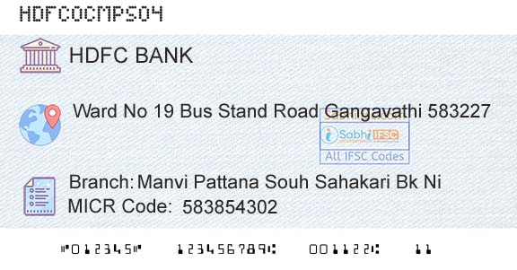 Hdfc Bank Manvi Pattana Souh Sahakari Bk NiBranch 