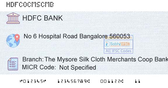 Hdfc Bank The Mysore Silk Cloth Merchants Coop Bank LtdBranch 
