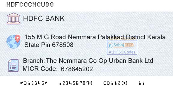 Hdfc Bank The Nemmara Co Op Urban Bank LtdBranch 