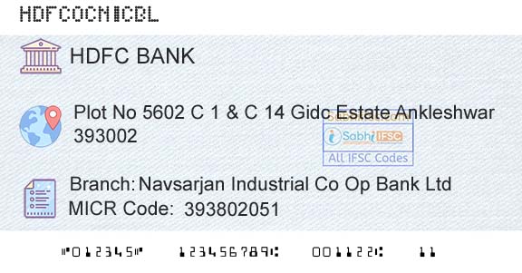 Hdfc Bank Navsarjan Industrial Co Op Bank LtdBranch 