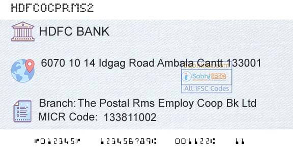 Hdfc Bank The Postal Rms Employ Coop Bk LtdBranch 
