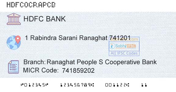 Hdfc Bank Ranaghat People S Cooperative BankBranch 