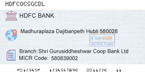 Hdfc Bank Shri Gurusiddheshwar Coop Bank LtdBranch 