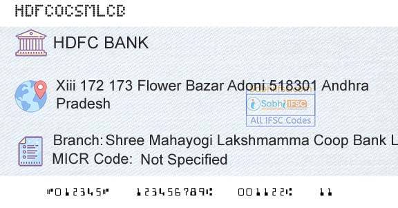 Hdfc Bank Shree Mahayogi Lakshmamma Coop Bank LtdBranch 