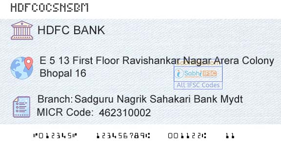 Hdfc Bank Sadguru Nagrik Sahakari Bank Mydt Branch 