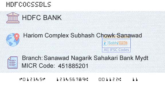 Hdfc Bank Sanawad Nagarik Sahakari Bank MydtBranch 