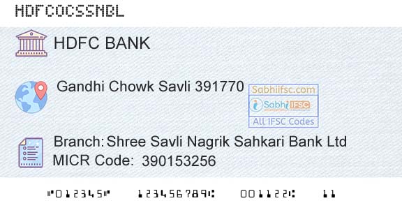 Hdfc Bank Shree Savli Nagrik Sahkari Bank LtdBranch 