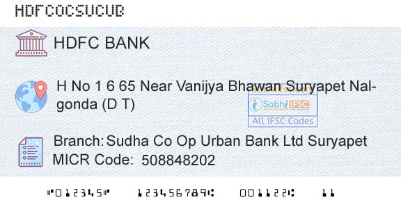Hdfc Bank Sudha Co Op Urban Bank Ltd SuryapetBranch 