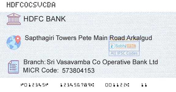 Hdfc Bank Sri Vasavamba Co Operative Bank LtdBranch 