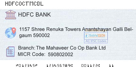 Hdfc Bank The Mahaveer Co Op Bank LtdBranch 