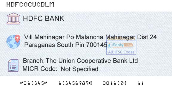 Hdfc Bank The Union Cooperative Bank LtdBranch 