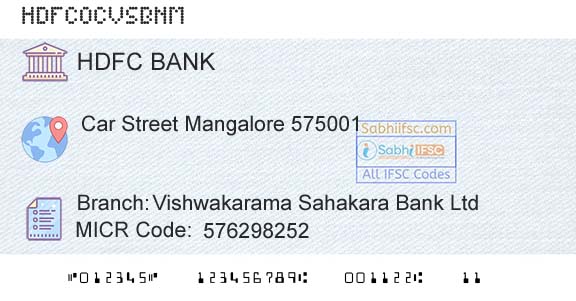 Hdfc Bank Vishwakarama Sahakara Bank LtdBranch 
