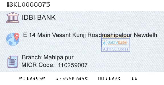 Idbi Bank MahipalpurBranch 