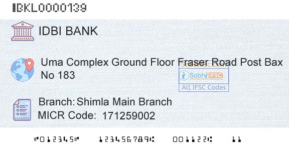 Idbi Bank Shimla Main BranchBranch 