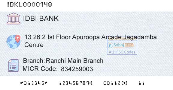Idbi Bank Ranchi Main BranchBranch 