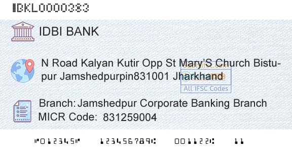 Idbi Bank Jamshedpur Corporate Banking Branch Branch 
