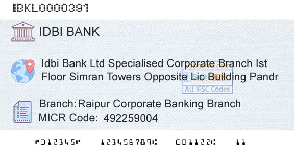 Idbi Bank Raipur Corporate Banking Branch Branch 