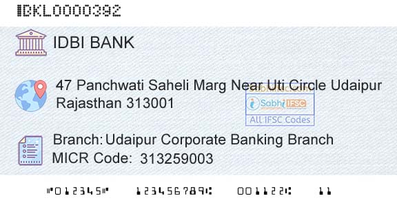 Idbi Bank Udaipur Corporate Banking Branch Branch 