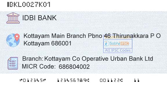 Idbi Bank Kottayam Co Operative Urban Bank LtdBranch 