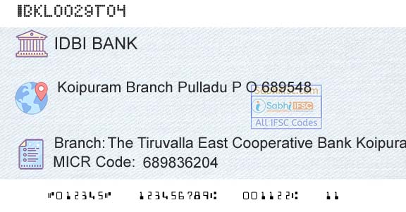 Idbi Bank The Tiruvalla East Cooperative Bank Koipuram BrancBranch 