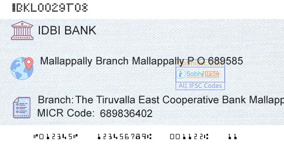 Idbi Bank The Tiruvalla East Cooperative Bank Mallappally BrBranch 