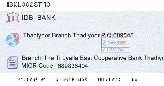Idbi Bank The Tiruvalla East Cooperative Bank Thadiyoor BranBranch 