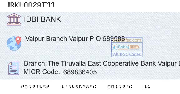 Idbi Bank The Tiruvalla East Cooperative Bank Vaipur BranchBranch 