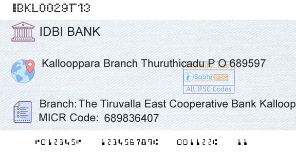 Idbi Bank The Tiruvalla East Cooperative Bank Kallooppara BrBranch 