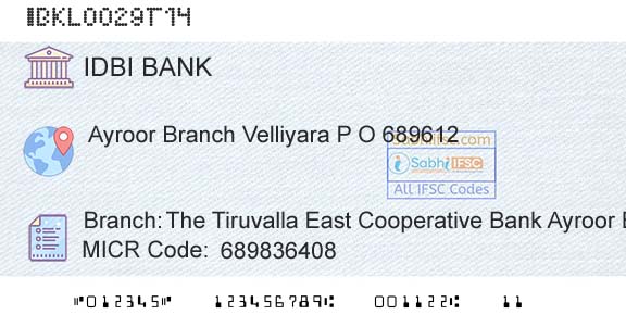 Idbi Bank The Tiruvalla East Cooperative Bank Ayroor BranchBranch 