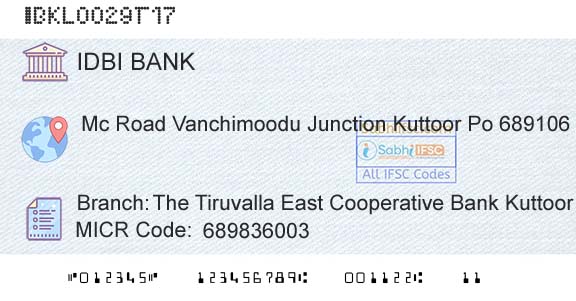 Idbi Bank The Tiruvalla East Cooperative Bank KuttoorBranch 