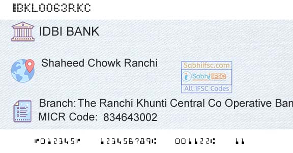 Idbi Bank The Ranchi Khunti Central Co Operative Bank LtdBranch 
