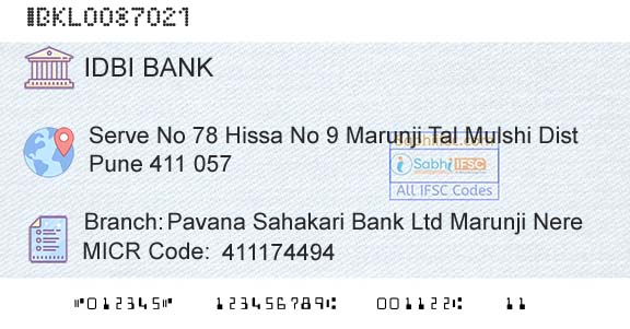 Idbi Bank Pavana Sahakari Bank Ltd Marunji NereBranch 