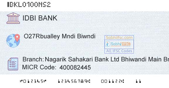 Idbi Bank Nagarik Sahakari Bank Ltd Bhiwandi Main BranchBranch 