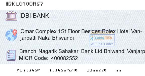 Idbi Bank Nagarik Sahakari Bank Ltd Bhiwandi Vanjarpatti NakBranch 